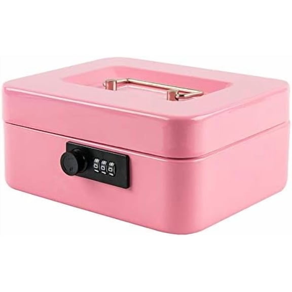 Medium Cash Box with Combination Lock Safe Metal Money Box with Money Tray for Security Lock Box 7.87x 6.30x 3.54Inch Pink Medium
