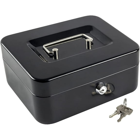 Medium Cash Box with Money Tray, Locking Steel Medium Cash Box, Small Safe with Key, for Daily S Coin Collection. (Black)