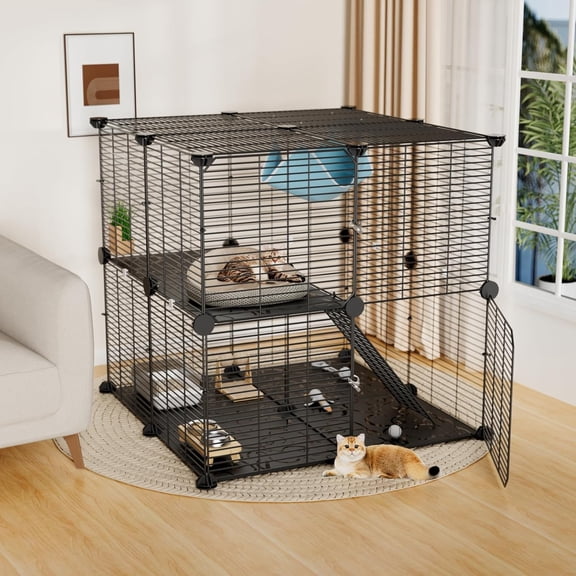 Medium Cat Cage Indoor: Enclosed Cat Enclosure DIY Pet Playpen Detachable Metal Wire Kennel Sturdy Crate with Hammock for Cats Kitten