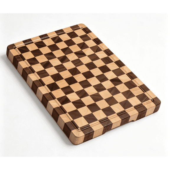 Medium Checkered End-Grain Wood Cutting Board, Heavy Solid Spliced Butcher Block with Surround Juice Groove & Non-Slip Feet for Kitchen Countertop Prep