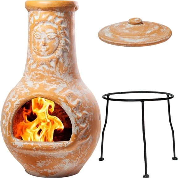 Medium Chiminea Outdoor Fireplace for Patio Clay Chimineas with Chimney Rain Lids and Solid Metal Stands - Yellow Terracotta Chimenea - Rustic Wooden Fire Pit Chimenea 16 x 16 x 32-inch