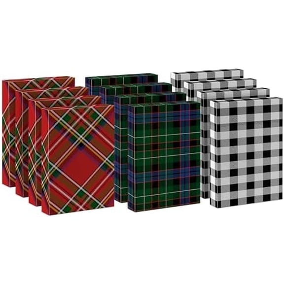 Medium Christmas Gift Boxes with Lids (12 Shirt Boxes, 3 Designs: Blue, Green, Red Plaid, Black Buffalo Check) for Christmas, Hanukkah, Birthdays, Father's Day