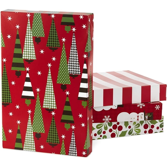 Medium Christmas Gift Boxes with Lids (12 Shirt Boxes, 4 Designs: Trees, Stripes, Snowmen, Holly) for Christmas, Holiday Parties, Hostess Gifts