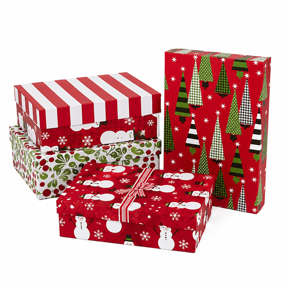 Medium Christmas Gift Boxes with Lids (12 Shirt Boxes, 4 Designs: Trees, Stripes, Snowmen, Holly) for Christmas, Holiday Parties, Hostess Gifts