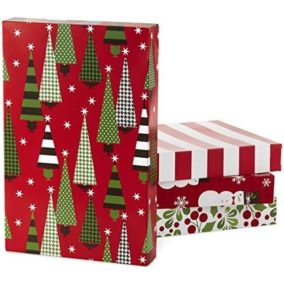 Medium Christmas Gift Boxes with Lids (12 Shirt Boxes, 4 Designs: Trees, Stripes, Snowmen, Holly) for Christmas, Holiday Parties, Hostess Gifts