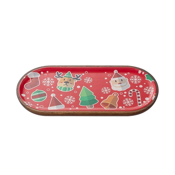 Medium Christmas Wooden Serving Tray With Holiday Print, Red Oval Dessert Platter For Cookies, Tea Time, Snacks And Festive Kitchen Decor