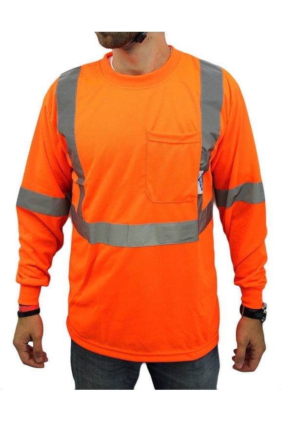 Medium/ Class 2 Max-dry Moisture Wicking Mesh Long Sleeve Safety T-shirt, Neon Orange
