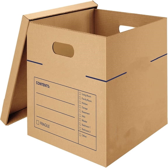 Medium Classic Moving Box 10 Pack, Reinforced Handles, Tape-Free Assembly, Box with Lid, 19-in x 14.5-in x 15.5-in