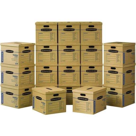 boxes for moving Medium Classic Moving Box 20 Pack, Reinforced Handles, Tape-Free Assembly, Box with Lid, 19-in x 14.5-in x 15.5-in