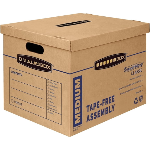 Medium Classic Moving Box 8 Pack, Reinforced Handles, Tape-Free Assembly, Box with Lid