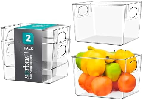 Medium Clear Plastic Storage Bins for Shelves, Clothes, with Handle - Clear Storage Bins, Drawer, Shelf, Closet, Pantry, Fridge, Freezer Organizer Bins, Closet Organizers and Storage (2 pack)