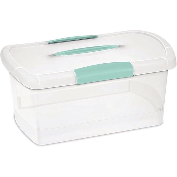 Medium Clear Plastic Storage Box with Folding Handle and Blue Latches