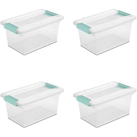 Medium Clip Box, Stackable Small Storage Bin with Latching Lid, Plastic Container to Organize Office, Crafts, Clear Base and Lid, 4-Pack
