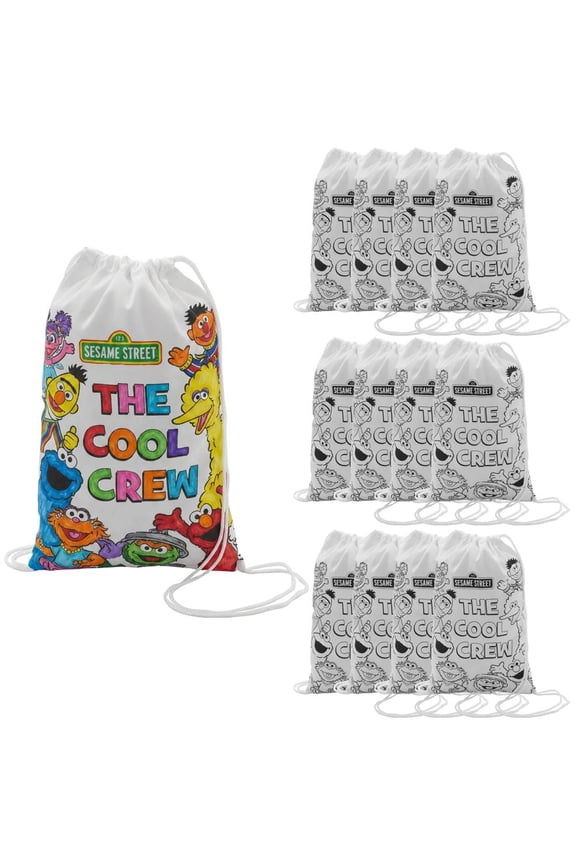 Medium Color Your Own Sesame Street Canvas Drawstring Bags  12 Pc.