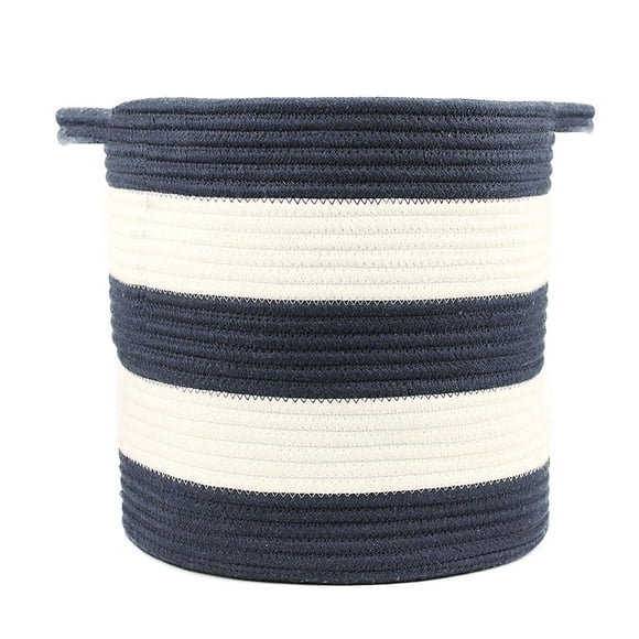Medium Cotton Rope Baskets with Handles Woven Baskets Rope Bins 12.2x11.8" Laundry Hamper Nursery Baskets , Navy Blue and White