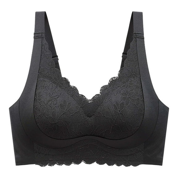 Medium Coverage Everyday Bras - Women's Solid Color Lace Sling Seamless Bra with Removable Pads Everyday Bras Black Xl
