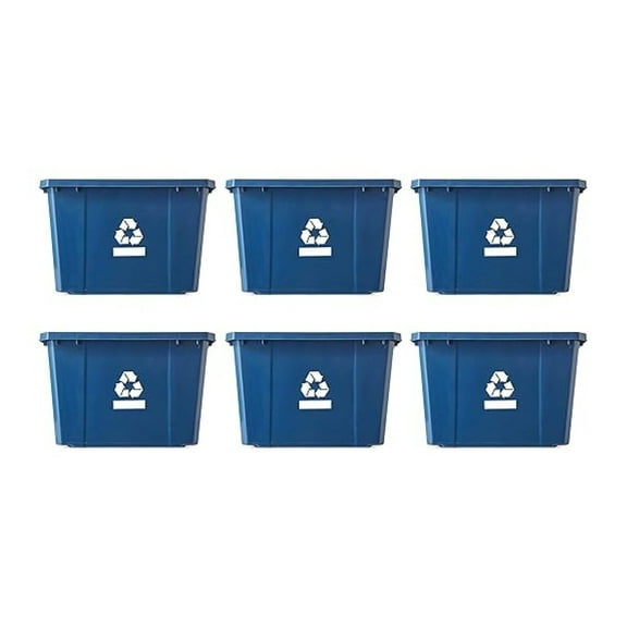 Medium Curbside Blue Box, Plastic 17 Gallon/64 Litre Home Trash Can Refuse and Recycling Bin Container with Built-in Handles (6 Pack)