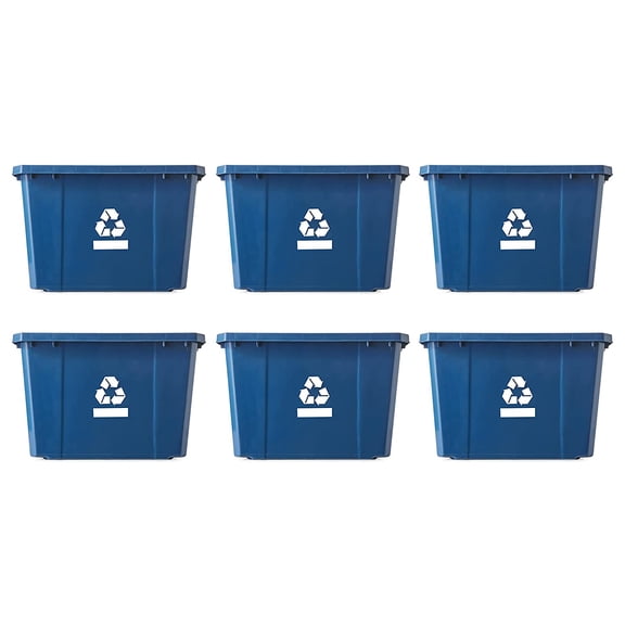 Medium Curbside Blue Box, Plastic 17 Gallon/64 Litre Home Trash Can Refuse and Recycling Bin Container with Built-in Handles (6 Pack)