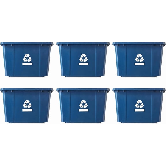 Medium Curbside Blue Box, Plastic 17 Gallon/64 Litre Home Trash Can Refuse and Recycling Bin Container with Built-in Handles (6 Pack)