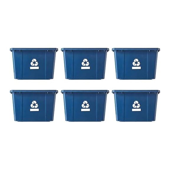 Medium Curbside Blue Box, Plastic 17 Gallon/64 Litre Home Trash Can Refuse and Recycling Bin Container with Built-in Handles (6 Pack)