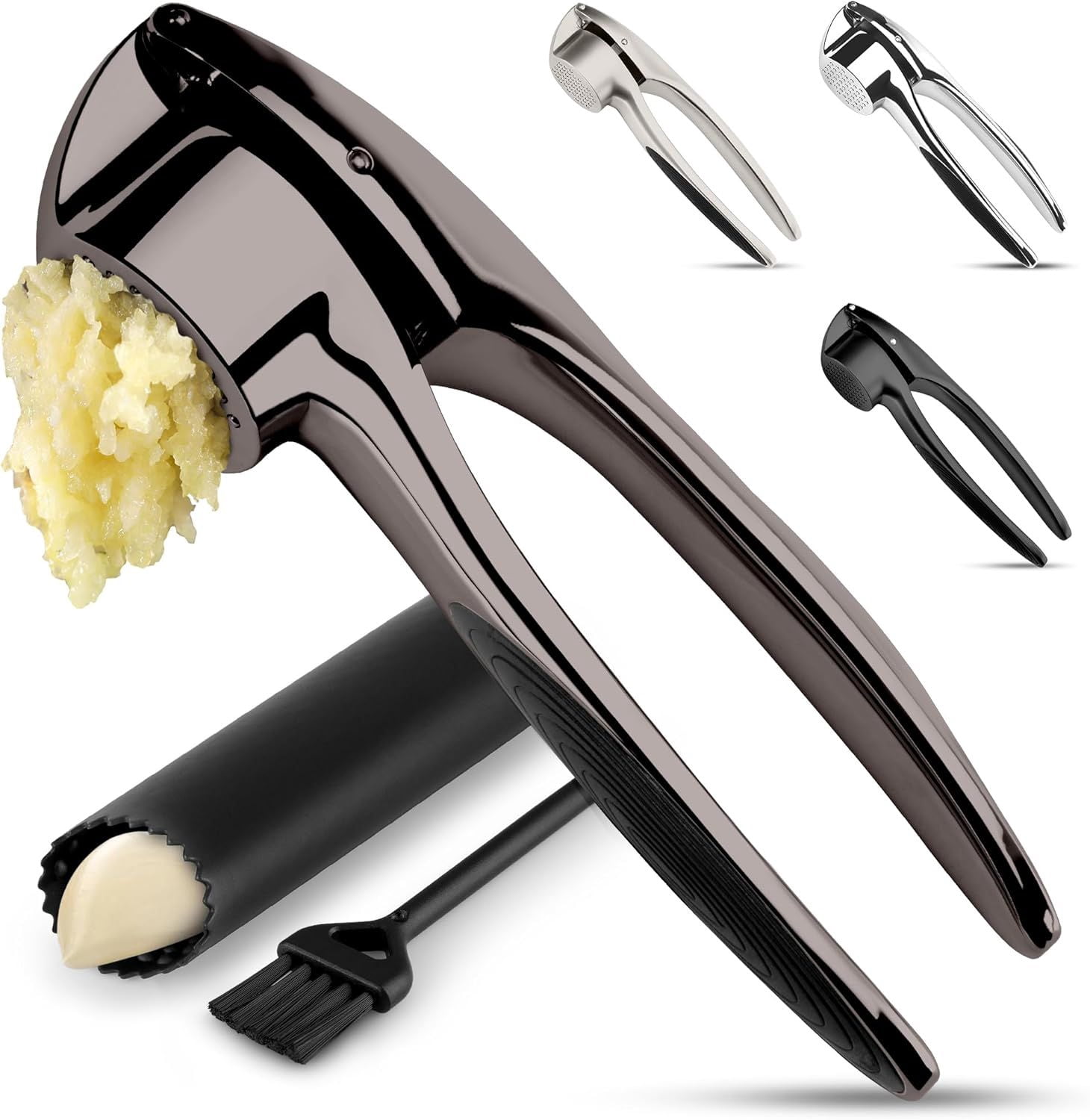 Medium Dark Gray Rust Proof Garlic Press Set Dishwasher Safe Mincer with Silicone Peeler & Brush