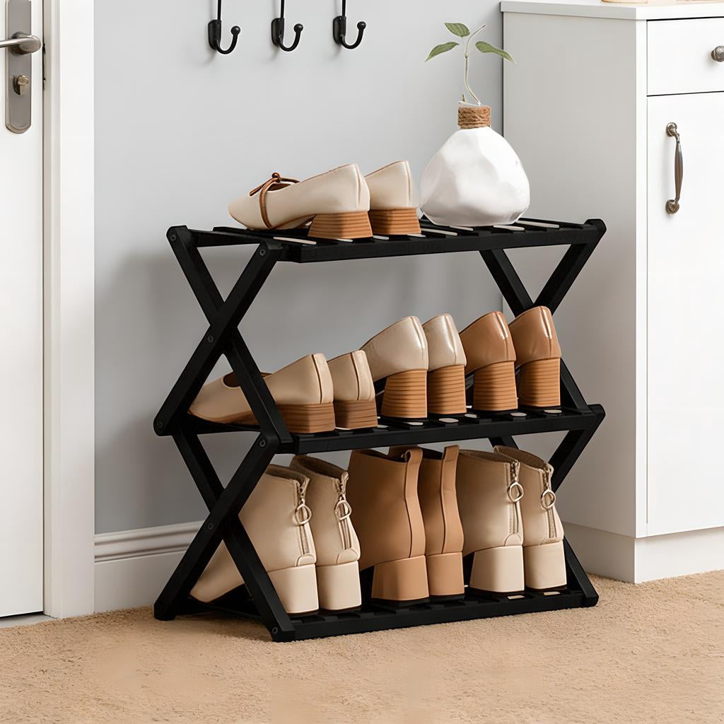 HDUTNGISN 3 Tier Foldable Bamboo Shoe Rack,Tool Free Setup Shoe Organizer, 20x10x15in Entryway Storage,Tawney