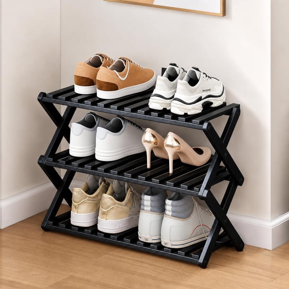 HDUTNGISN 3 Tier Foldable Bamboo Shoe Rack,Tool Free Setup Shoe Organizer, 20x10x15in Entryway Storage,Tawney