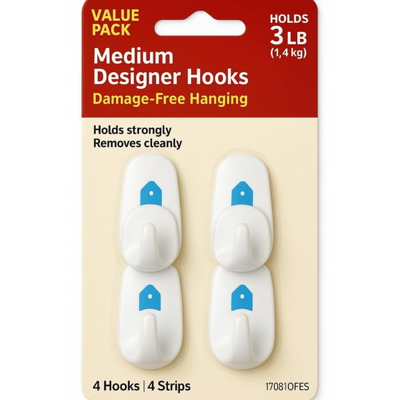 Medium Designer Hooks Value Pack, White, Holds Up to 3 LB, 4 Count Strong Wall Hooks for Home or Office, Easy to Install and Remove, No Damage, Ideal for Hanging Decor and Organization 17081OFES