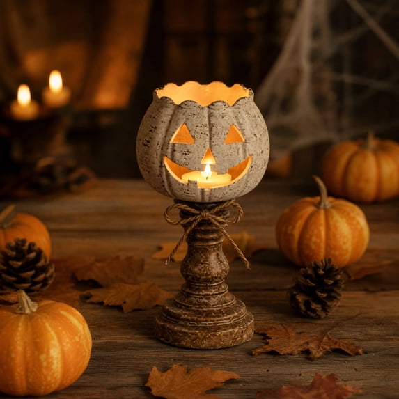 Medium Distressed White Pumpkin Candlestick, Retro Farmhouse Wooden Candle Holder, Elegant Tabletop Accessory, for Autumn Halloween Thanksgiving Home Decoration