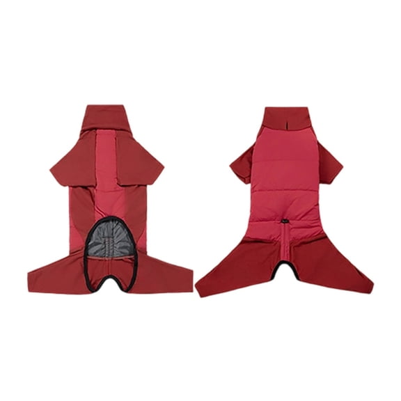Medium Dog Full-Body Snowsuit, Warm Winter Jumpsuit with Leash Hole, 4-Legged Cold Weather Coat, Waterproof Back, Red