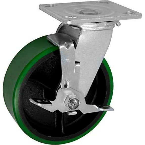 Medium Duty 5"X 2" Green Polyurethane ON Iron Wheel - Swivel Caster with Brake - 1,100 LBS Capacity