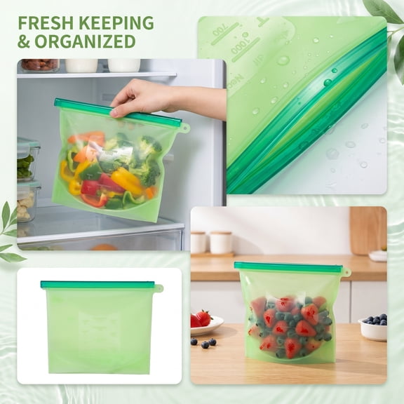 Medium Food Grade Silicone Storage Bag with Slide Zipper, 7.4 x 6.8 Inch, Reusable Airtight Container for Vegetables and Fridge Organization(Green)