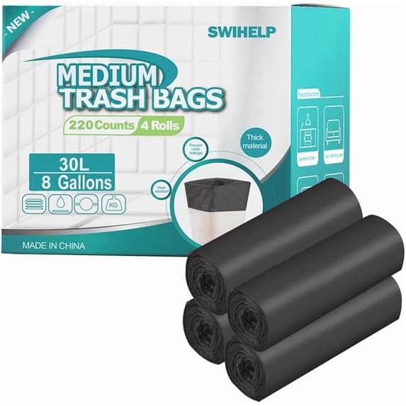 Medium Garbage Bags 8 Gallon /30 Liter Trash Wastebasket Bin Liners Plastic for Bathroom Bedroom Office Can 220 Count