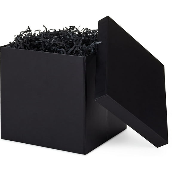 Medium Gift Box with Lid and Shredded Paper Fill (Black 7 inch Box) for Weddings, Graduations, Birthdays, Father's Day, Groomsmen Gifts, All Occasion