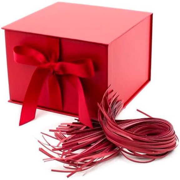 Medium Gift Box with Lid and Shredded Paper Fill (Red 7 inch Box) for Birthdays, Graduations, Anniversaries, Christmas, Valentine's Day, All Occasion