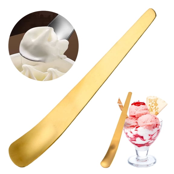 Medium Gold Long Handle Stainless Steel Dessert Spoon Multifunctional Flat Mixing Spoon for Cake Ice Cream Coffee Tea Home Kitchen Bakery Daily Dining Table Accessories