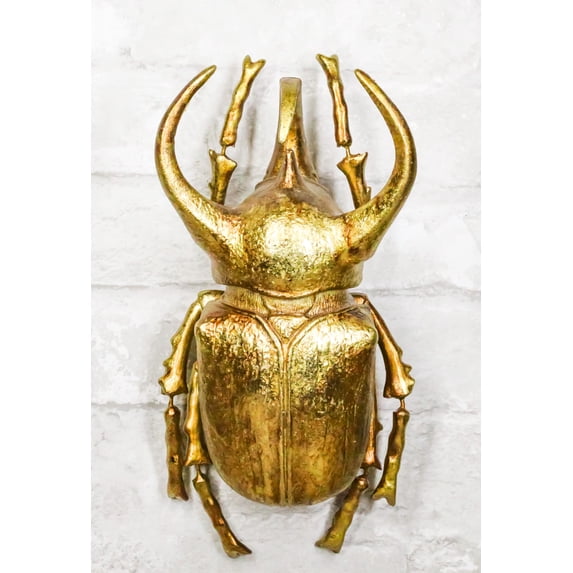 Medium Gold Resin 3 Horned Rhinoceros Beetle Wall Decor Or Tabletop Figurine