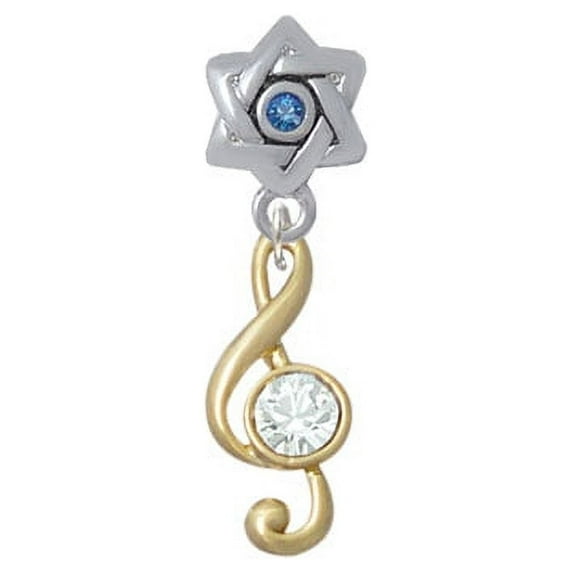 Medium Gold Tone Clef with Crystal - Star of David with Blue Crystal Charm Bead