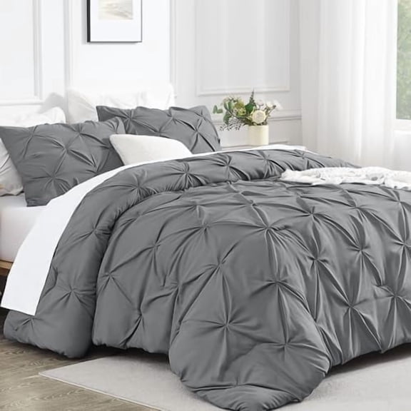 Medium Gray Queen Comforter Set, 3 Piece All Season Decorative Pintuck Bedding Comforter & Sets, Grey Soft Microfiber Lightweight Washable Bed Set for Queen Size Bed