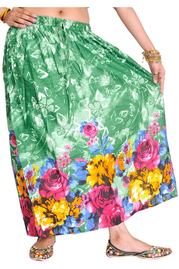 Medium-Green Skirt with Printed Roses