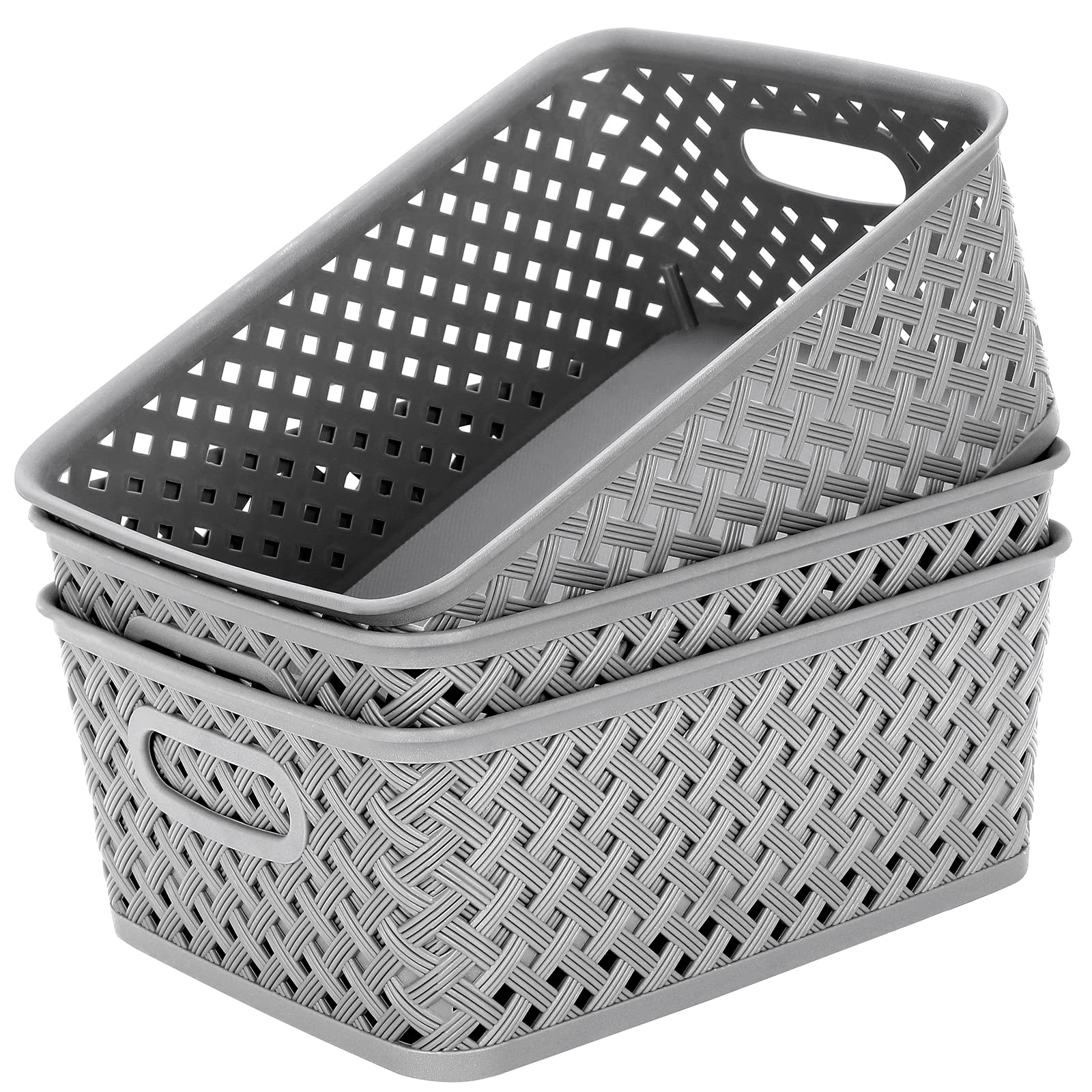 Medium Grey Plastic Storage Baskets 3 Pack For Home Office Organization