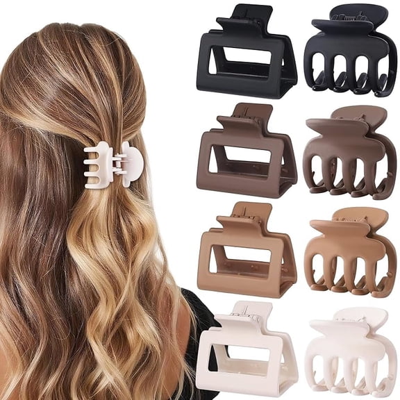Medium Hair Clips Combination 2 Styles Small Claw Clips for Thin Hair 8 Pcs Matte Non-slip Rectangle Jaw Clips Square Hair Accessories for Women and Girls (Brown)