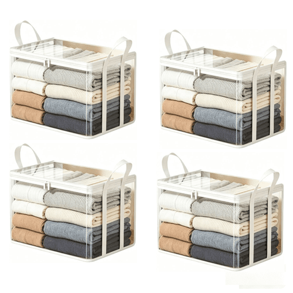 Medium Heavy-Duty Thick Plastic Clear Storage Bag Stackable Foldable Moving Bins for Clothes, Reinforced Handles & Zipper, Space Saver Totes for Closet