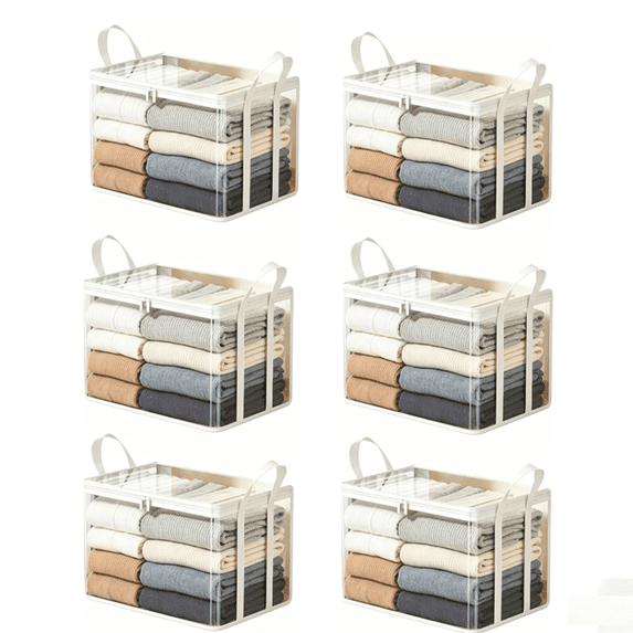 Medium Heavy-Duty Thick Plastic Clear Storage Bag Stackable Foldable Moving Bins for Clothes, Reinforced Handles & Zipper, Space Saver Totes for Closet