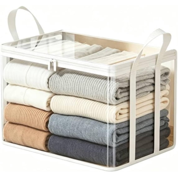 Medium Heavy-Duty Thick Plastic Clear Storage Bag Stackable Foldable Moving Bins for Clothes, Reinforced Handles & Zipper, Space Saver Totes for Closet