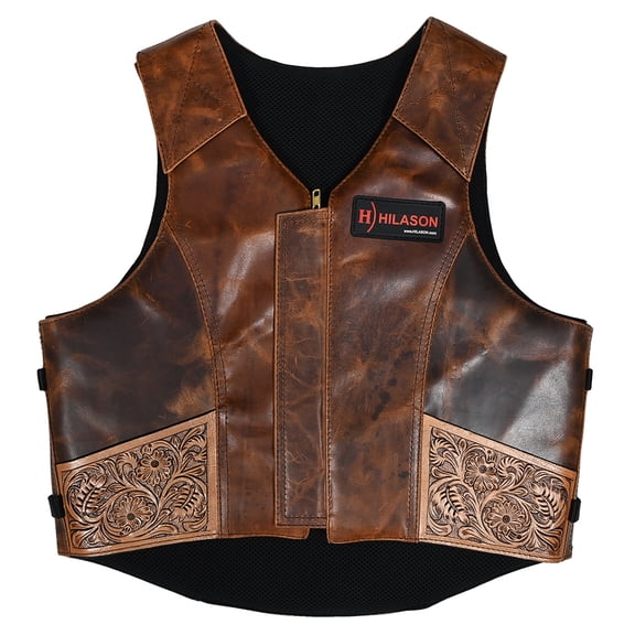 Medium Hilason Bull Riding Rodeo Floral Hand Carved Genuine Leather Vest Black Safety Protective Gear Equipment
