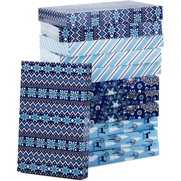 Medium Holiday Gift Boxes with Lids (12 Shirt Boxes, 4 Designs: Snowflakes, Stripes, Sweater Pattern, Reindeer) for Christmas, Hanukkah, Holiday Parties, Hostess Gifts