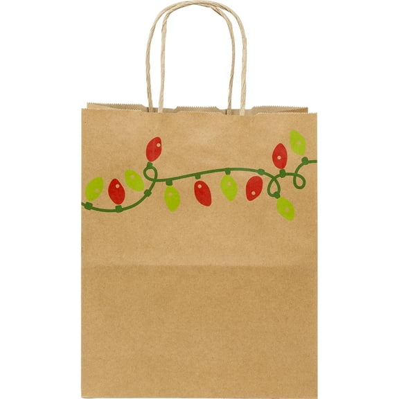 SSWBasics Medium Holiday Lights Paper Shopping Bags 8 1/4"x 4 3/4"x 10 1/2"- Case of 100
