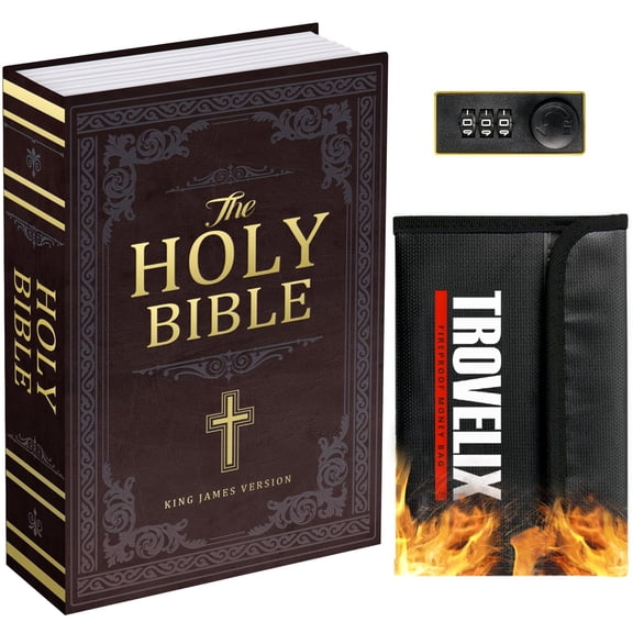 Medium Holy Bible Book Safe with Combination Lock and Fireproof Money Bag, Hidden Metal Storage Lock Box for Cash, Passport, Jewelry, Keys, 9.5 x 6.2 x 2.2 in