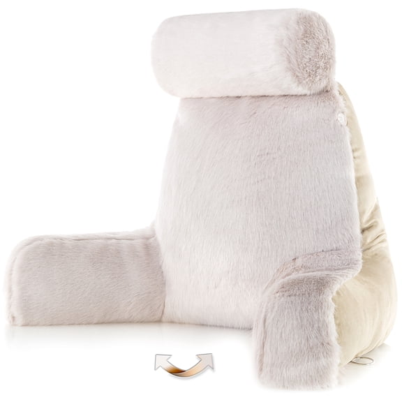 Medium Husband Pillow - Baby Golden Wolf Fabulous Faux Fur Backrest, Two-tone Reversible Double Sided Reading & Bed Rest Pillow with Arms & Neck Roll